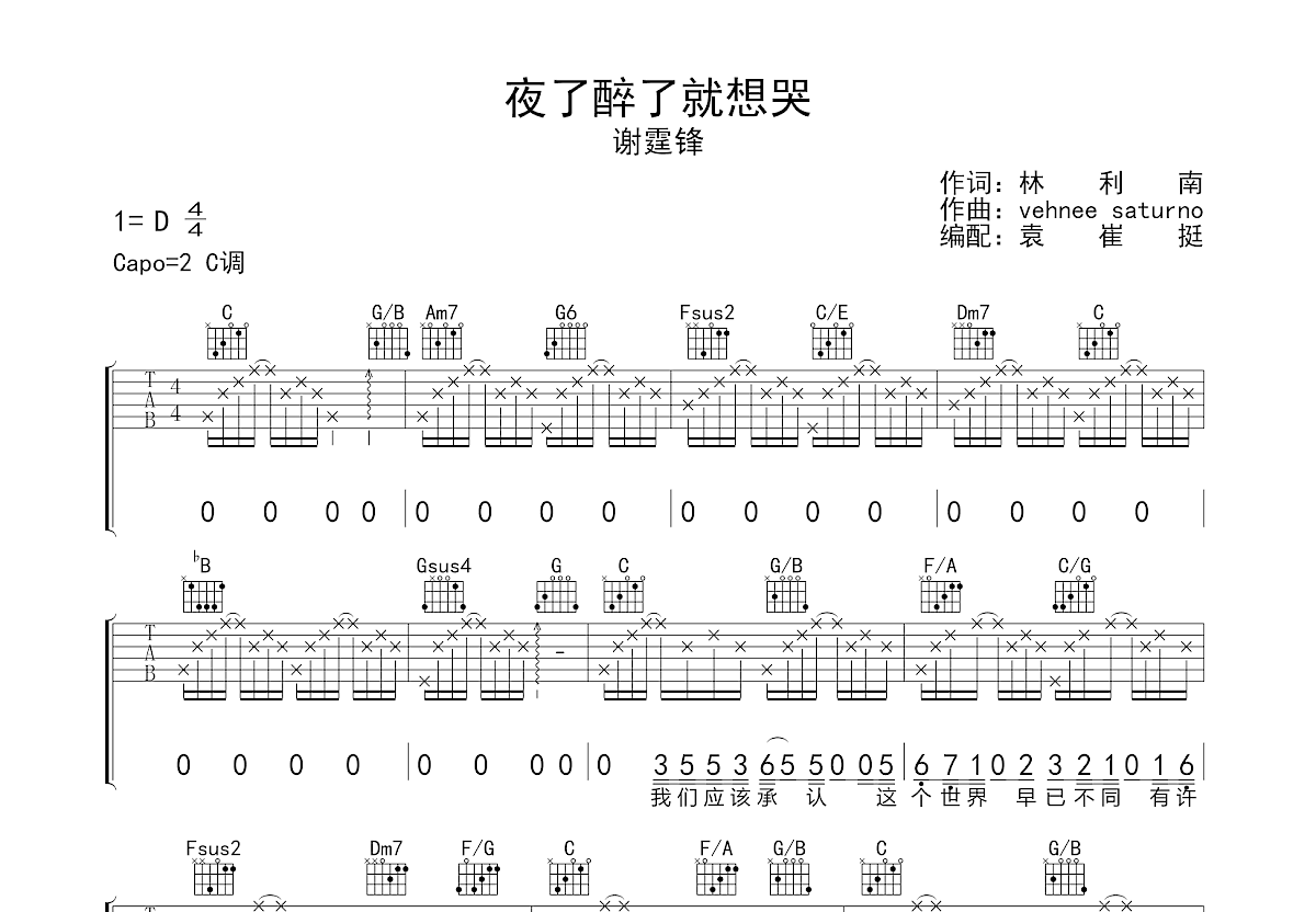 夜了醉了就想哭吉他谱预览图