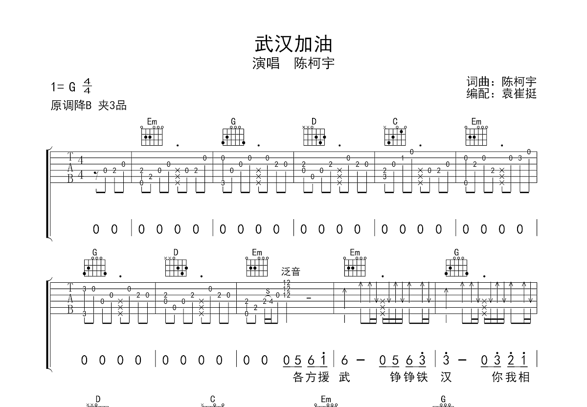 武汉加油吉他谱预览图