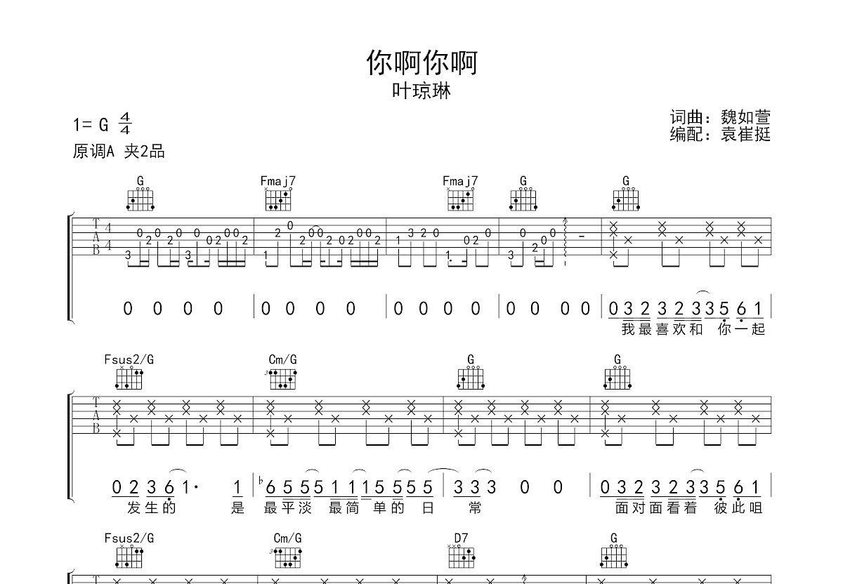 你啊你啊吉他谱预览图