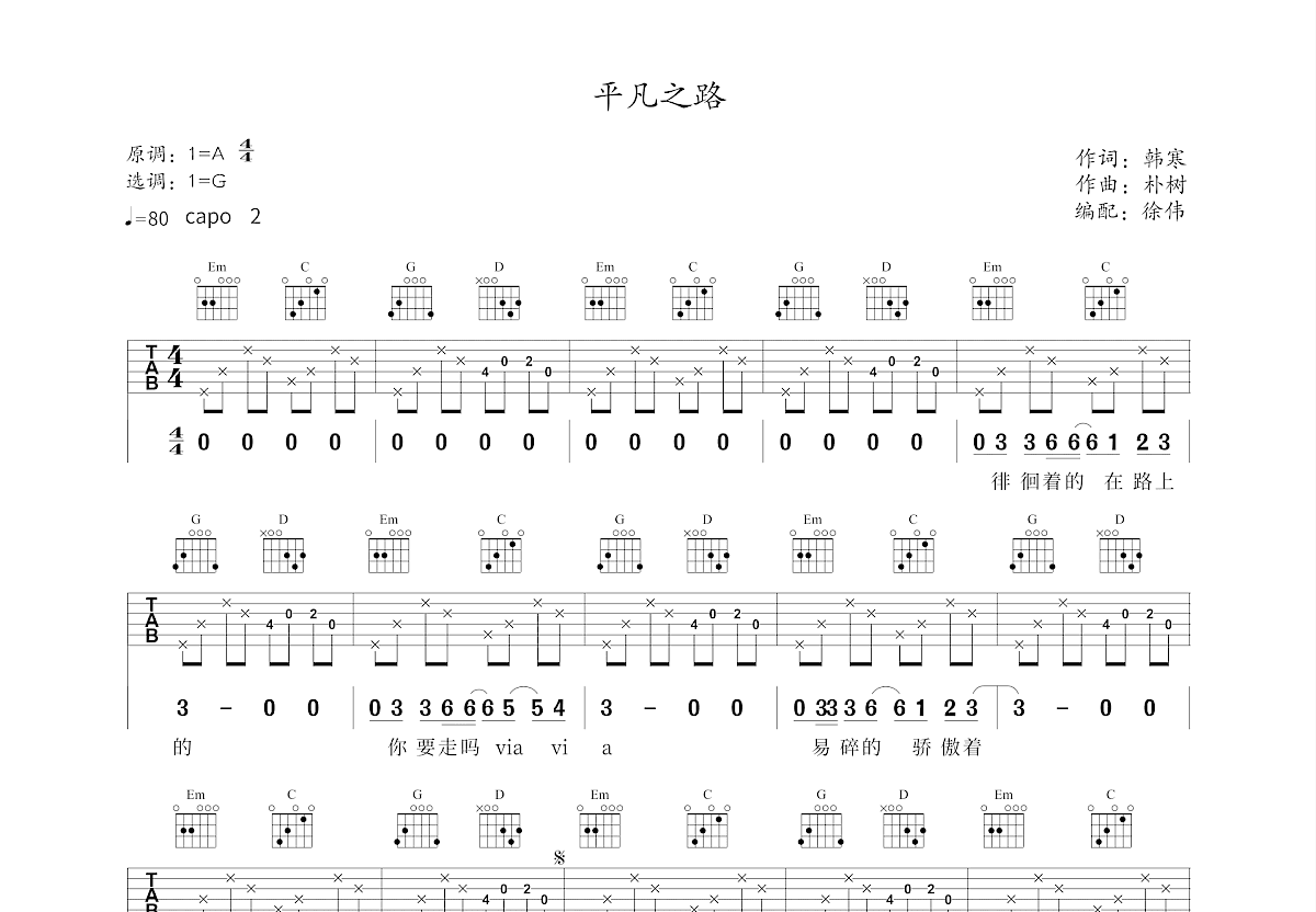 平凡之路吉他谱预览图