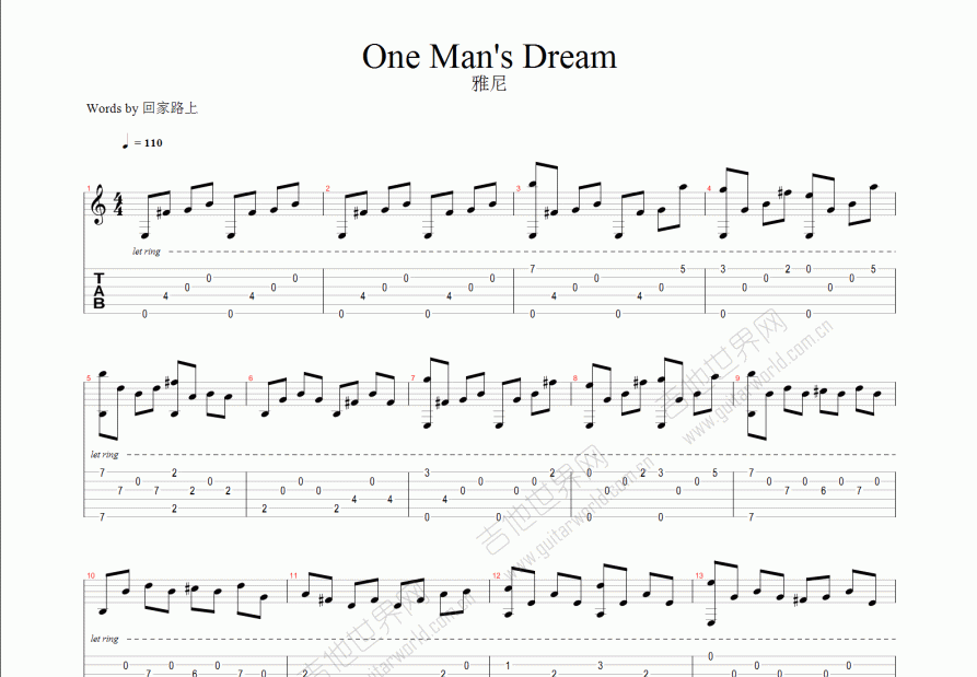 one man's dream吉他谱预览图