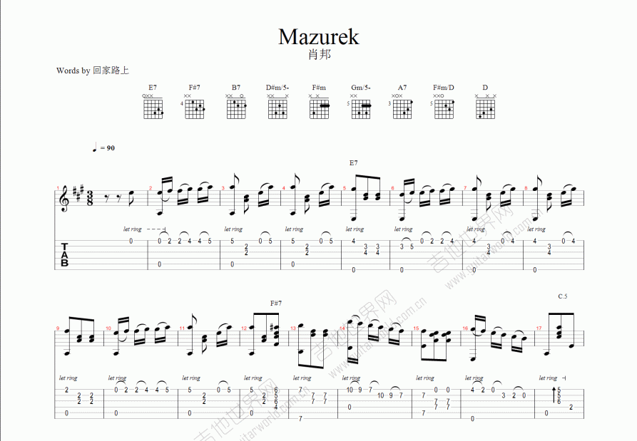 mazurek吉他谱预览图