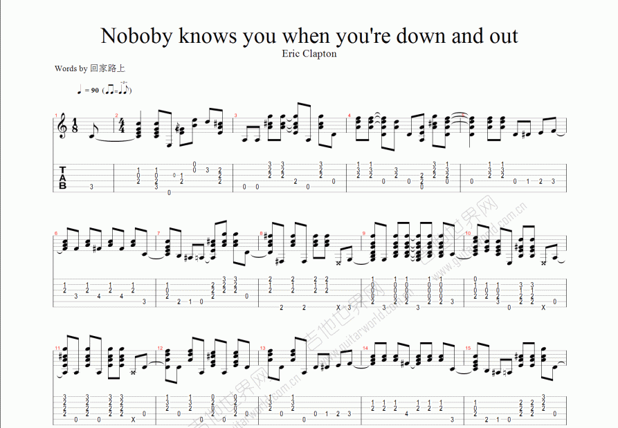 nobody knows you when you're down and out吉他谱预览图