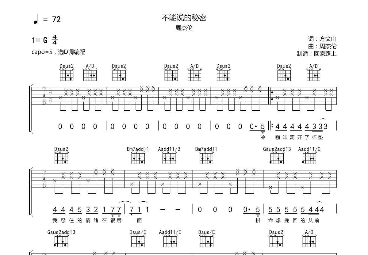 不能说的秘密吉他谱预览图