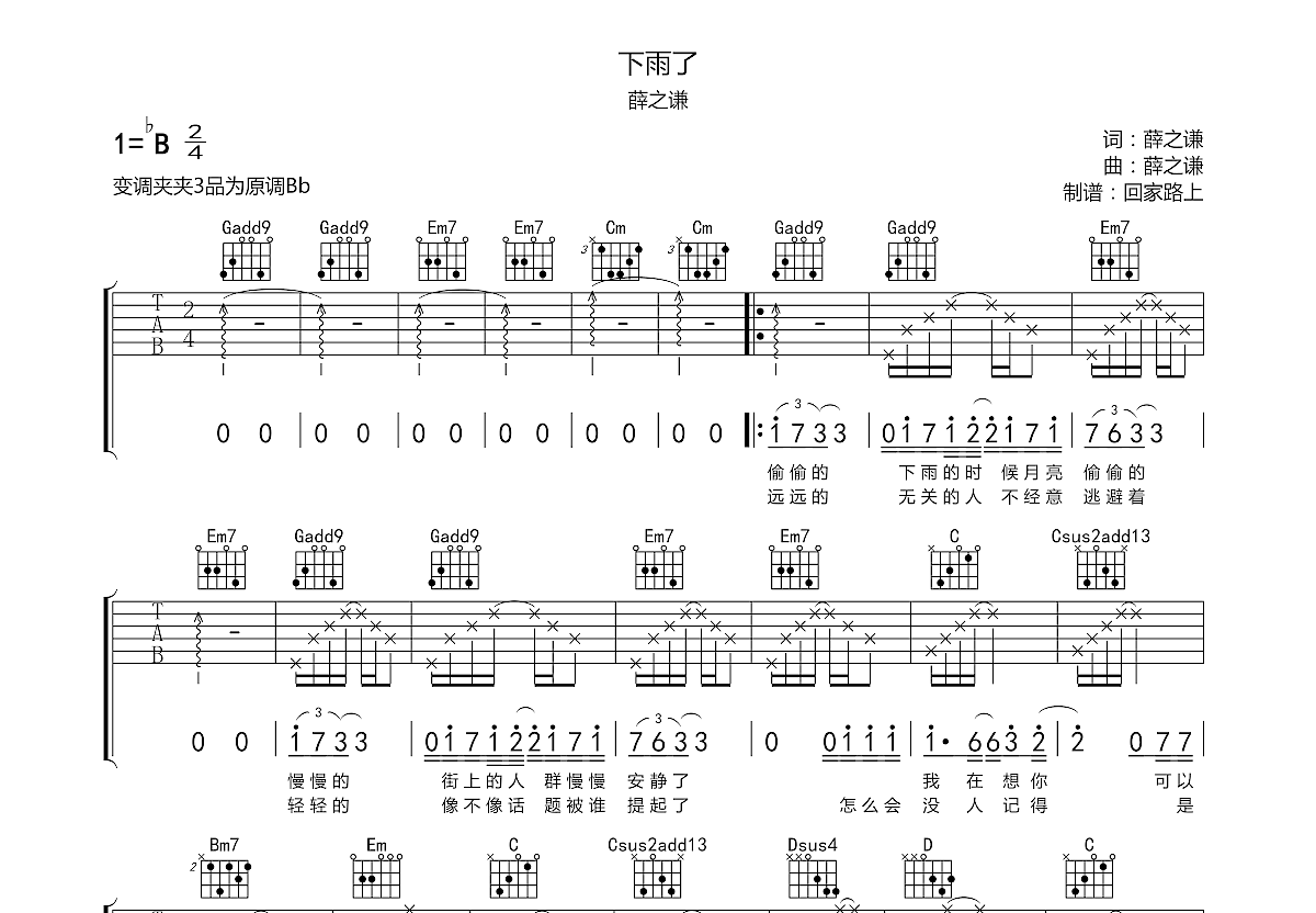 下雨了吉他谱预览图