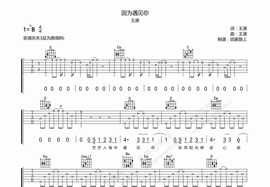 因为遇见你吉他谱预览图