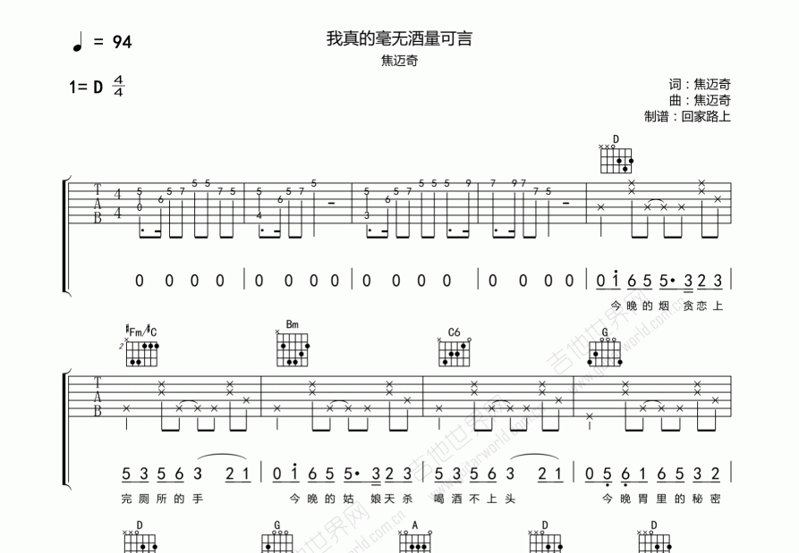 我真的毫无酒量可言吉他谱预览图