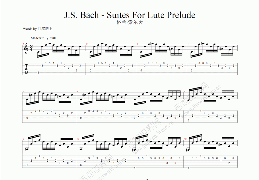 j.s. bach - suites for lute prelude吉他谱_格兰 索尔舍_C调指弹