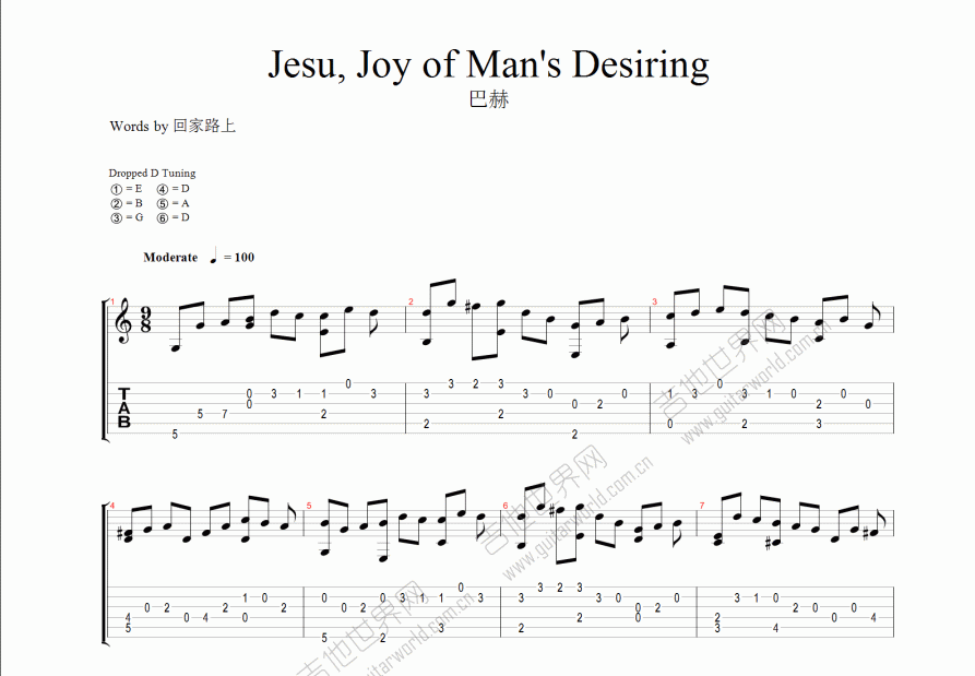 耶稣人们仰望喜悦吉他谱预览图