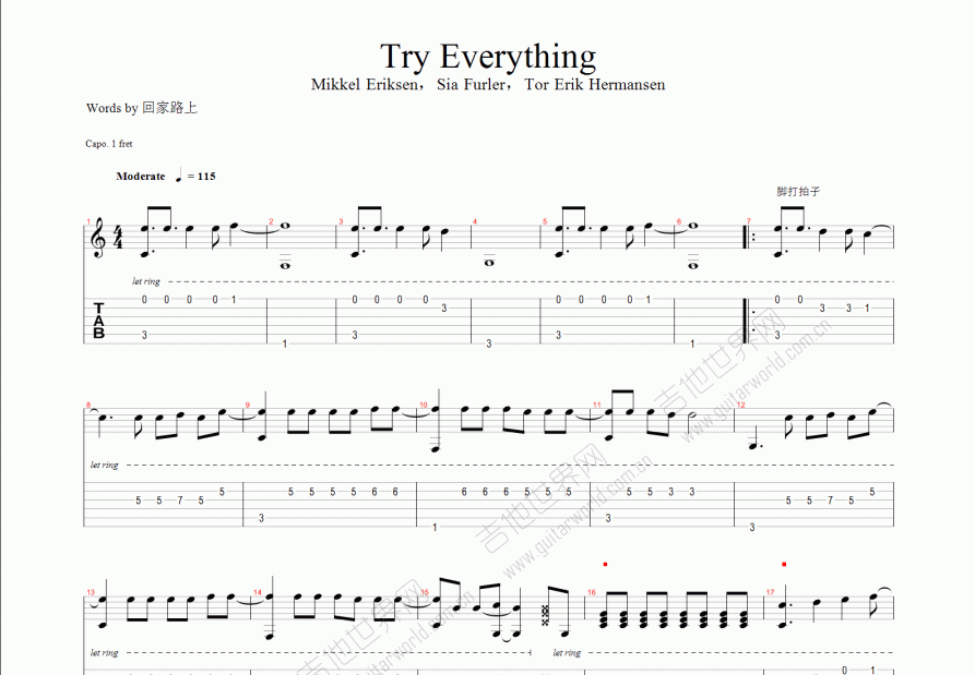 Try Everything吉他谱预览图