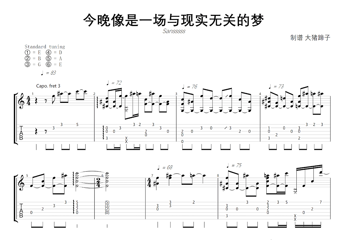 今晚像是一场与现实无关的梦吉他谱预览图