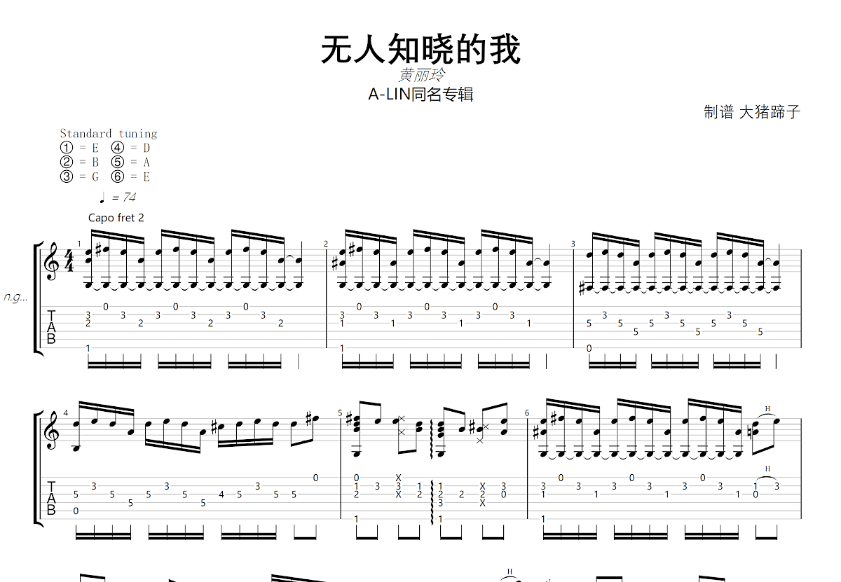 无人知晓的我吉他谱预览图