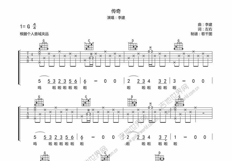 传奇吉他谱预览图