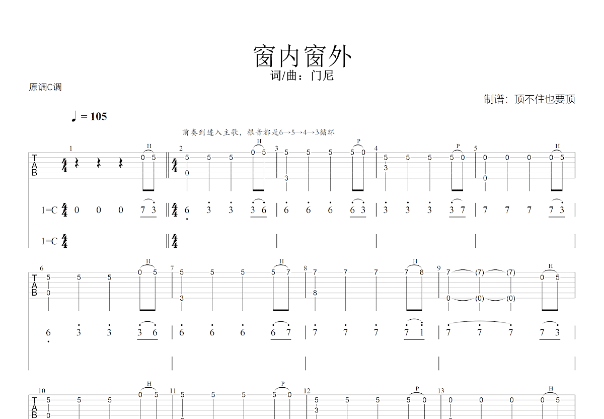窗内窗外吉他谱_门尼_C调弹唱