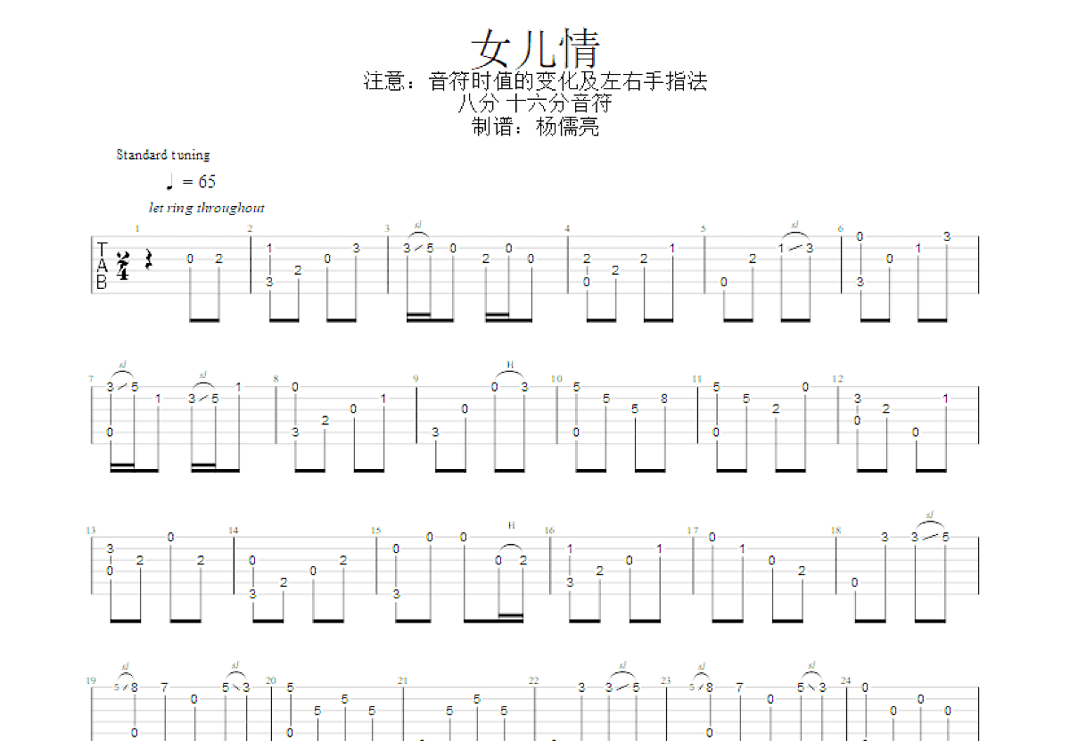 女儿情吉他谱_许镜清_C调指弹