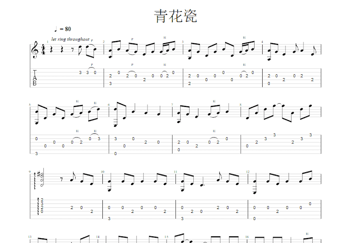 青花瓷吉他谱_周杰伦_G调指弹