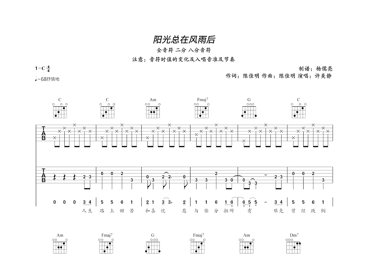 阳光总在风雨后吉他谱_陈佳明_C调双吉他弹唱