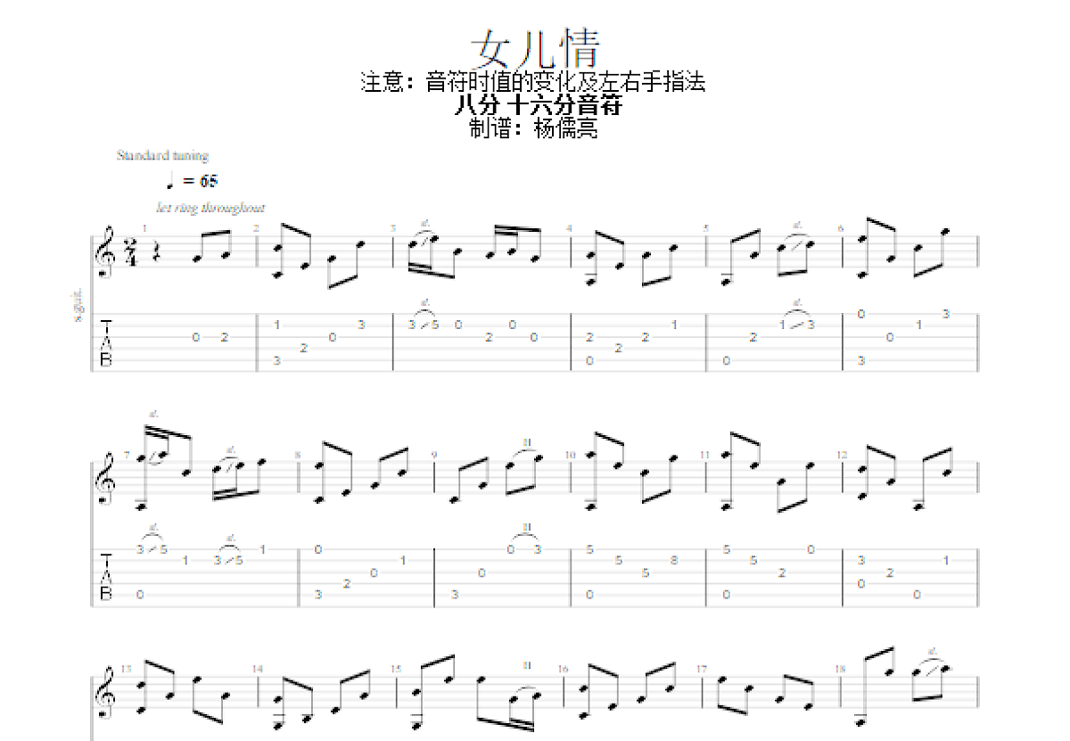 女儿情吉他谱_许镜清_C调指弹