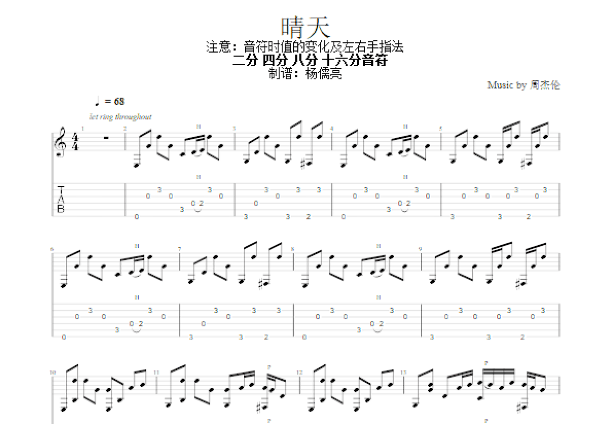 晴天吉他谱预览图
