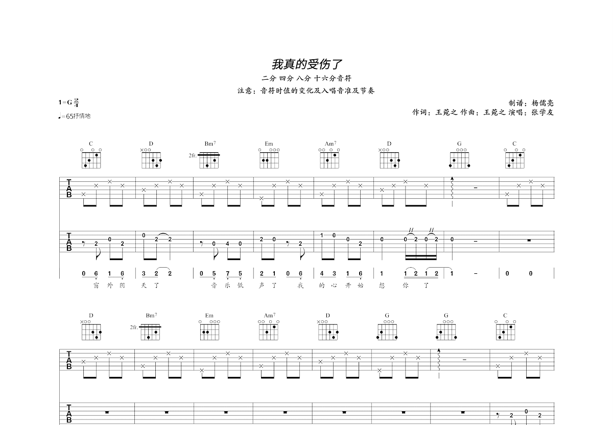 我真的受伤了吉他谱_王菀之_G调双吉他弹唱