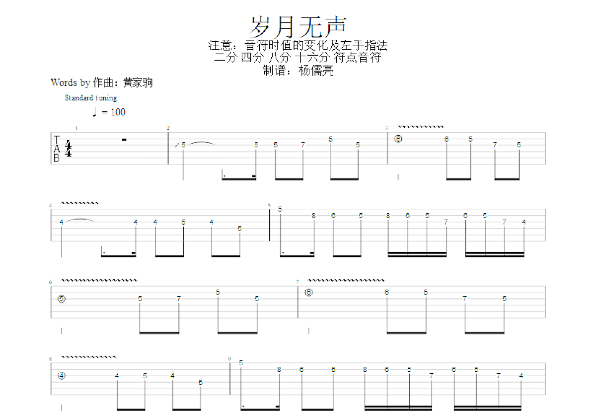 岁月无声吉他谱_黄家驹_C调Solo片段