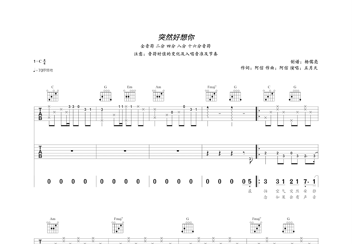 突然好想你吉他谱_五月天_C调双吉他弹唱