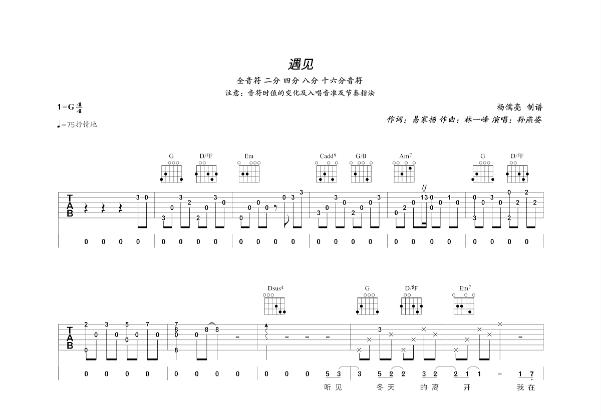 遇见吉他谱_孙燕姿_C调弹唱