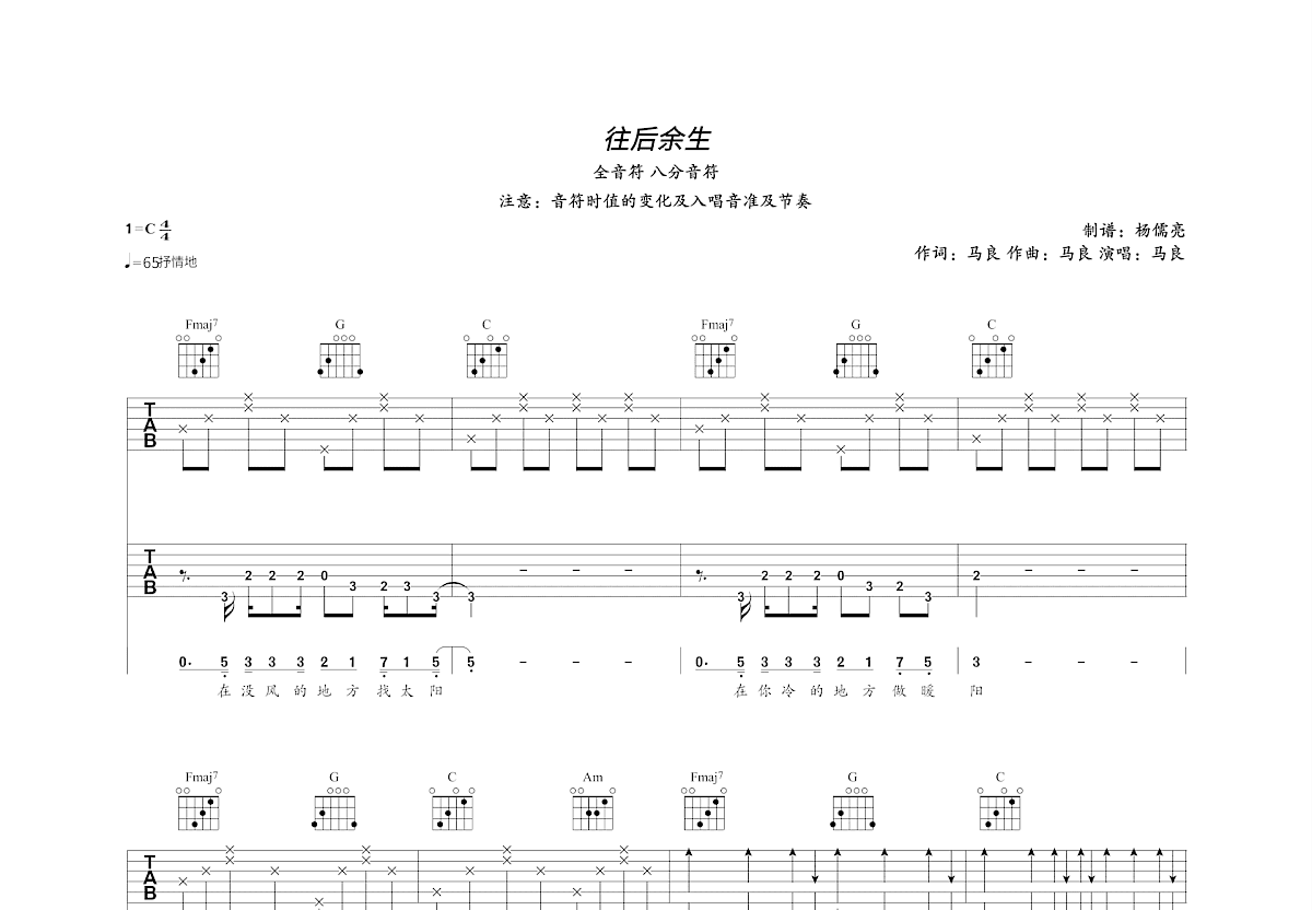 往后余生吉他谱预览图