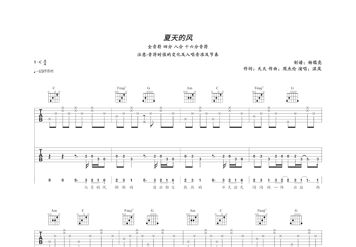 夏天的风吉他谱预览图