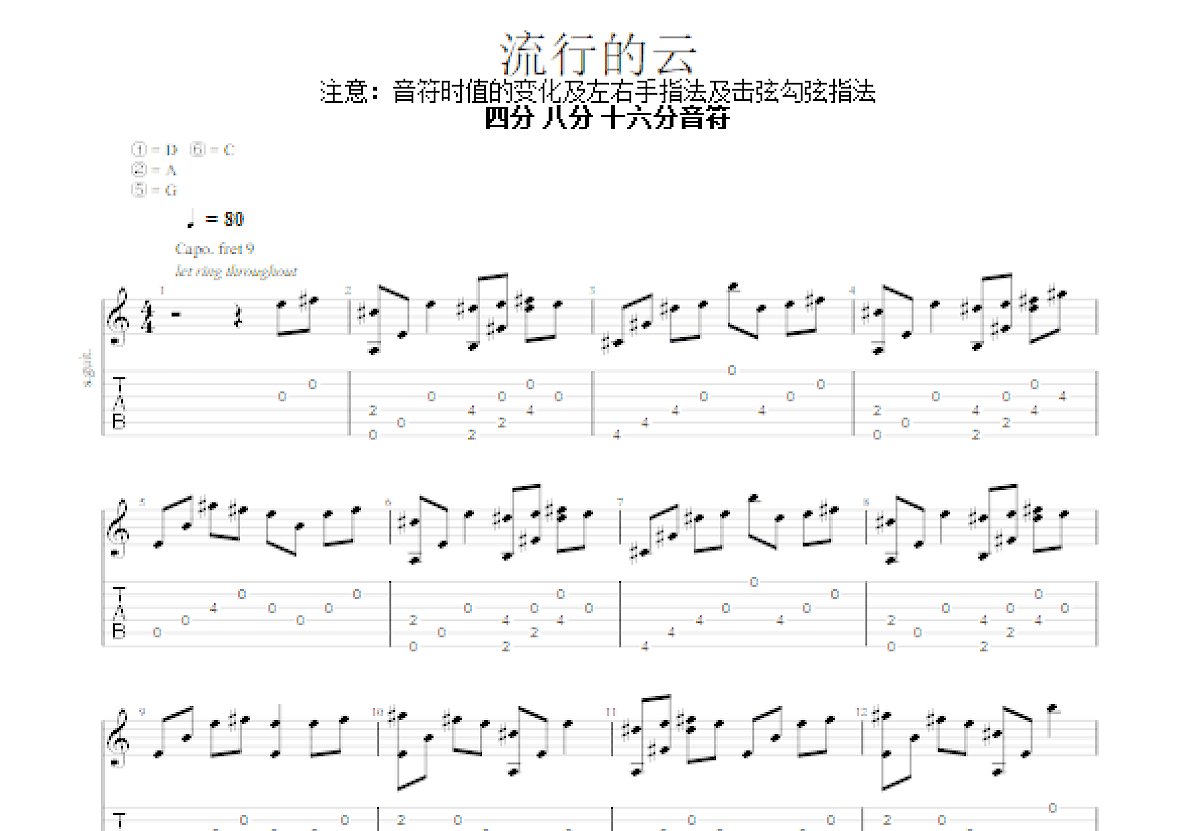 流行的云吉他谱_岸部真明_C调指弹