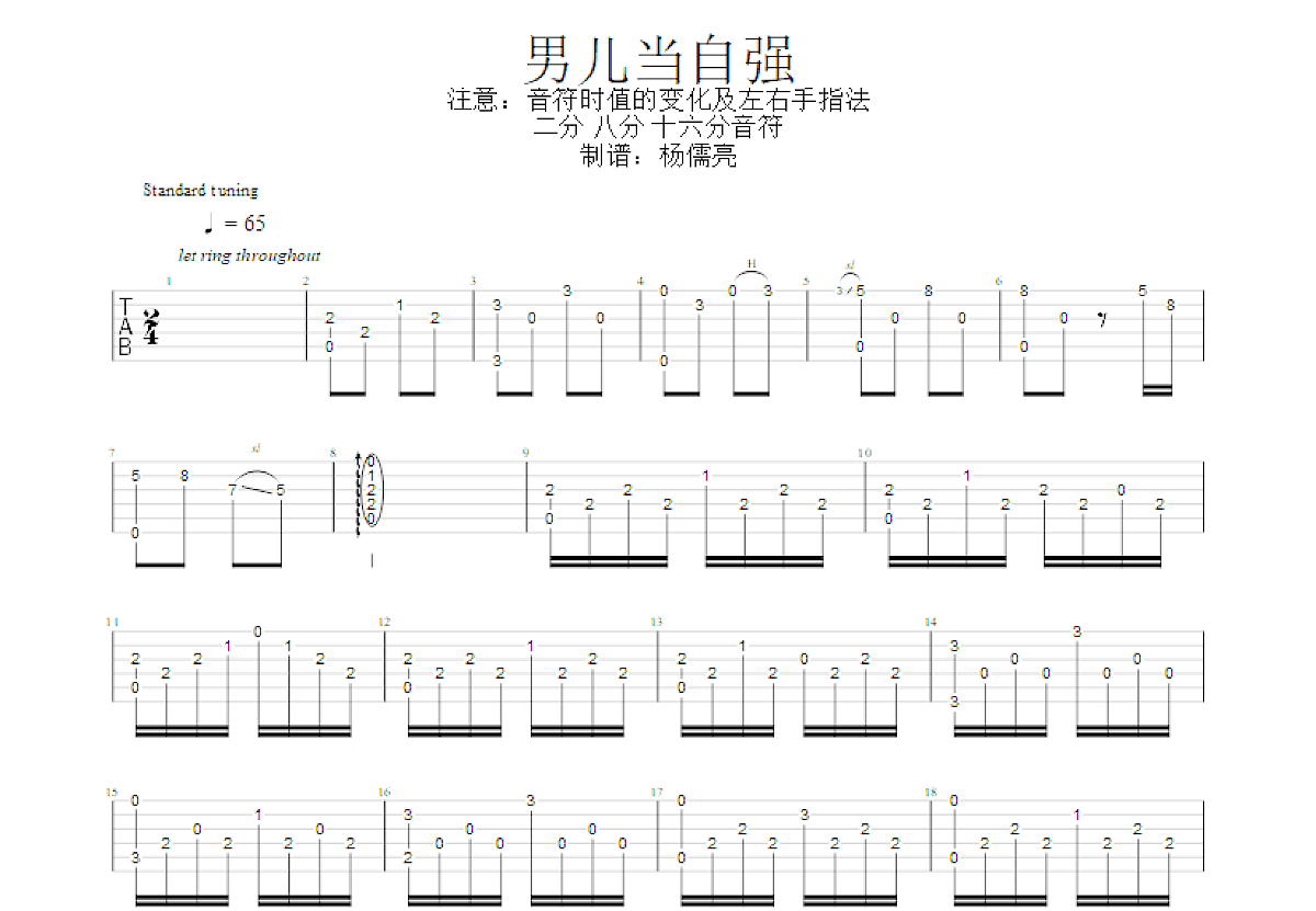 男儿当自强吉他谱_黄霑_C调指弹