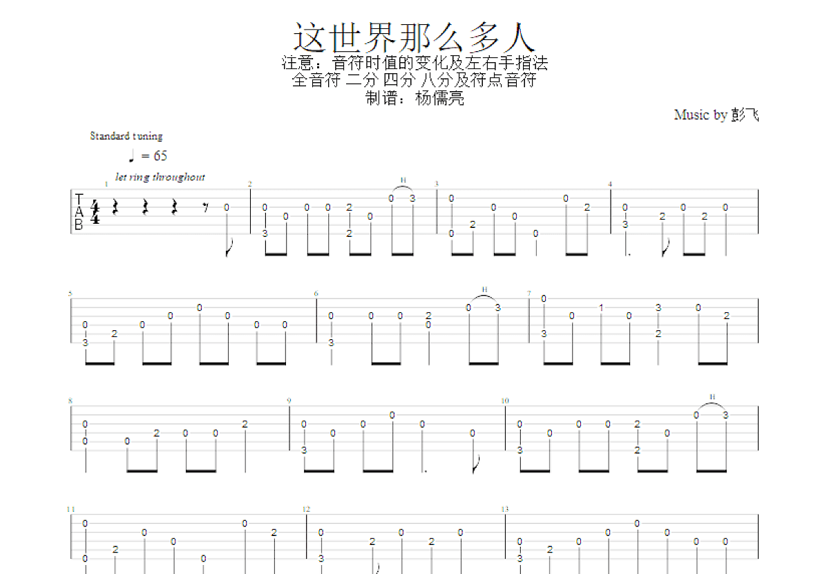 这世界那么多人吉他谱_彭飞_G调指弹