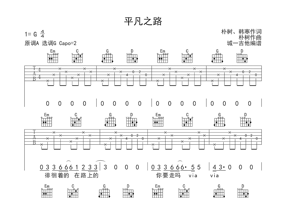 平凡之路吉他谱预览图