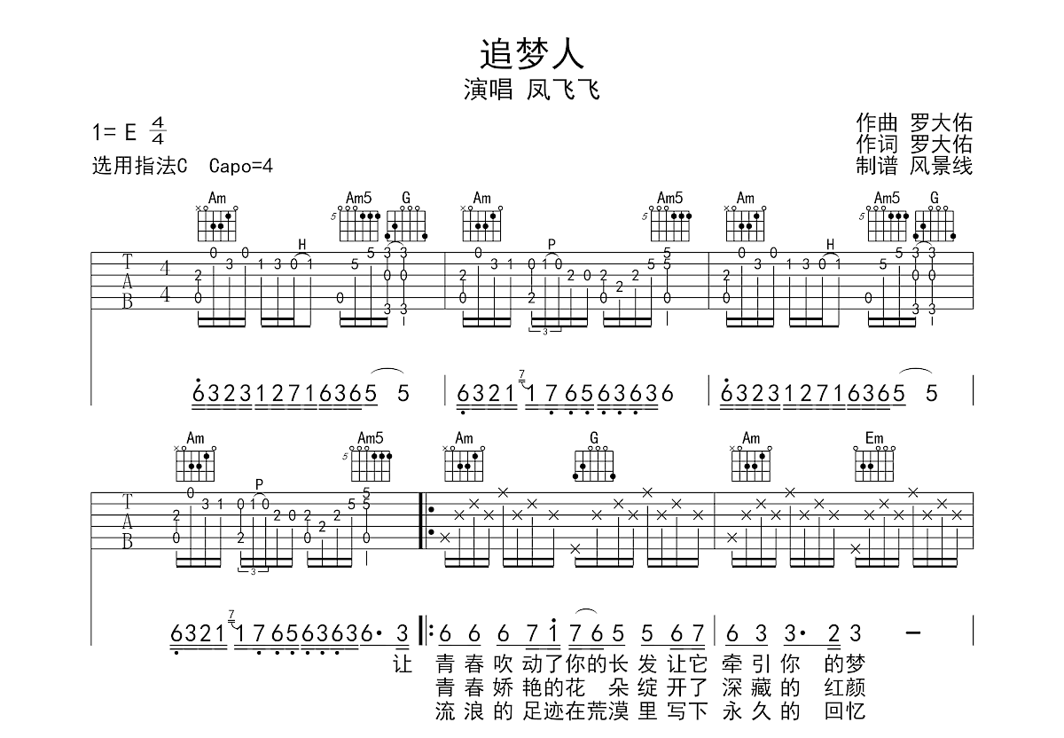 追梦人吉他谱_凤飞飞_C调弹唱