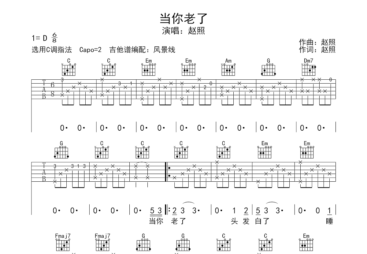 当你老了吉他谱_赵照_C调弹唱
