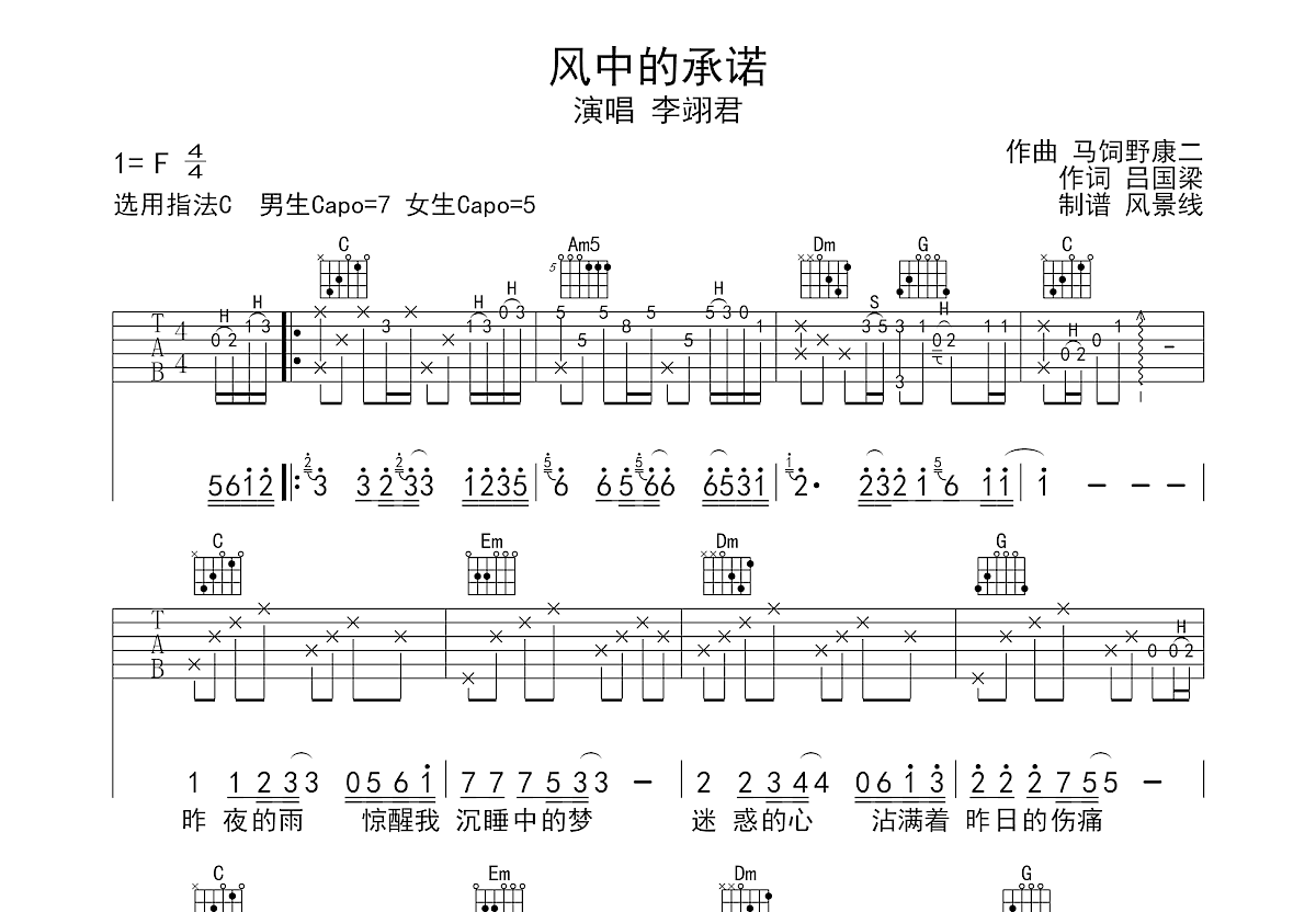 风中的承诺吉他谱预览图