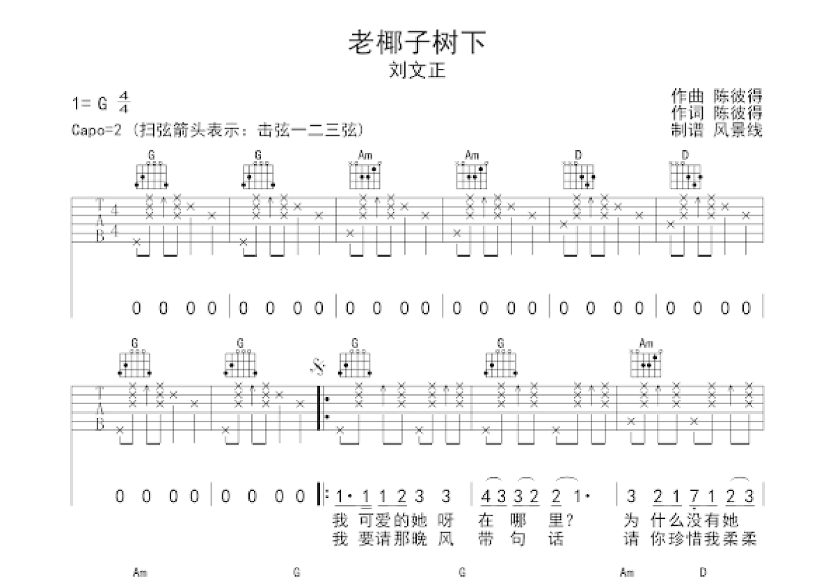 老椰子树下吉他谱预览图