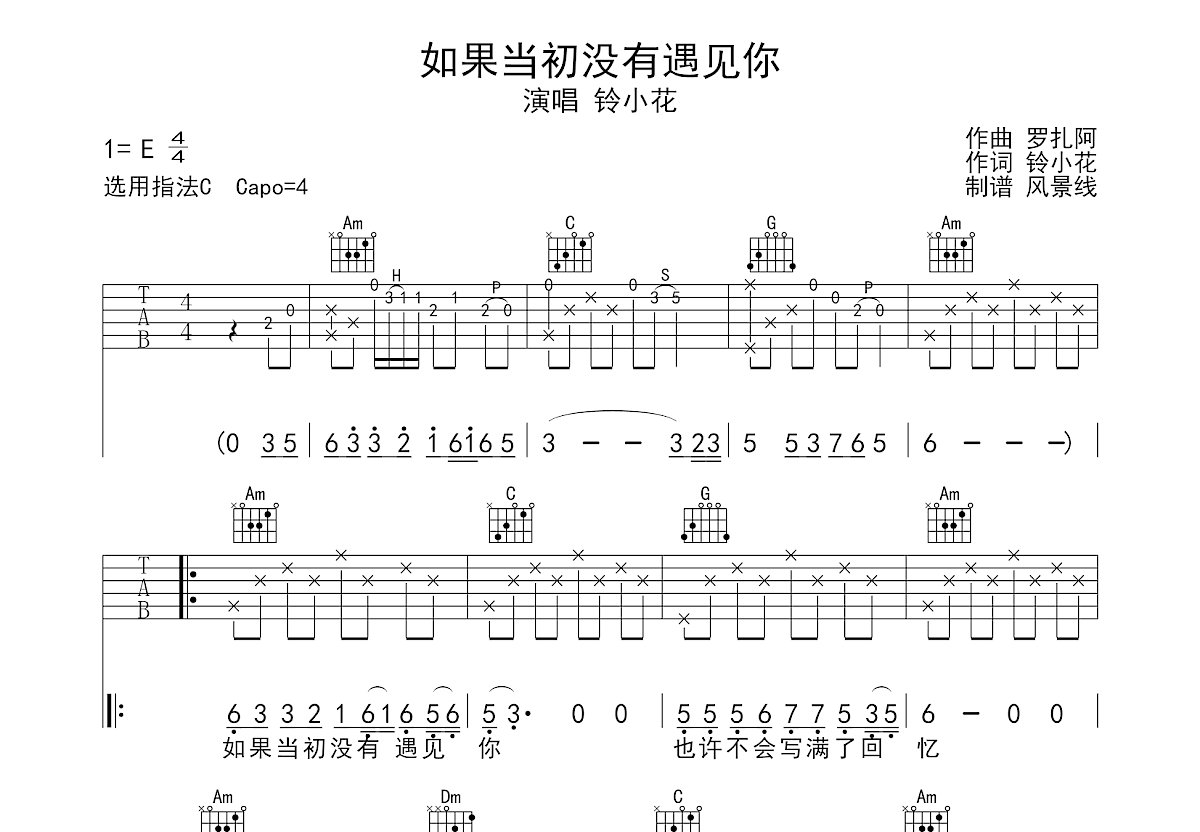 如果当初没有遇见你吉他谱预览图