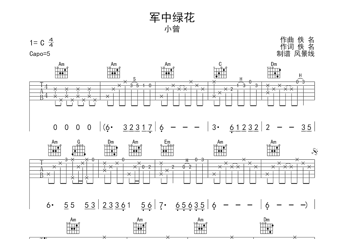军中绿花吉他谱预览图