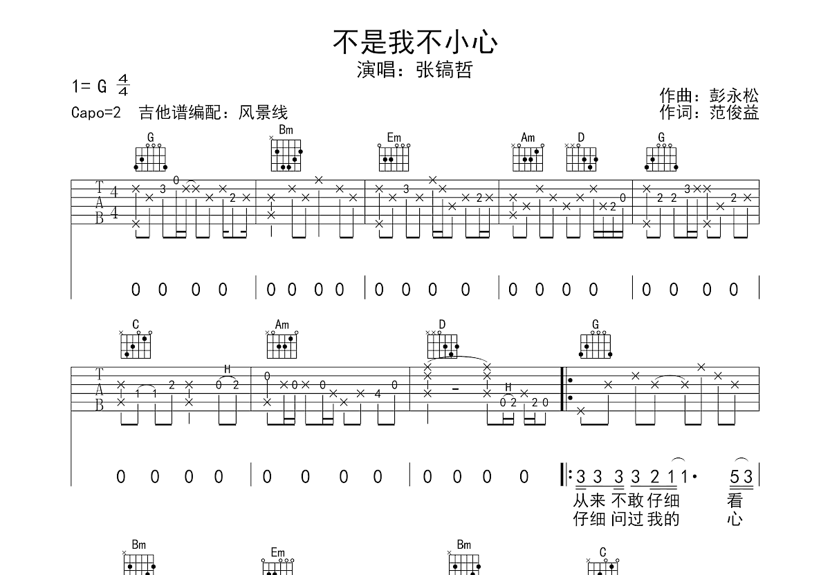 不是我不小心吉他谱_张镐哲_G调弹唱