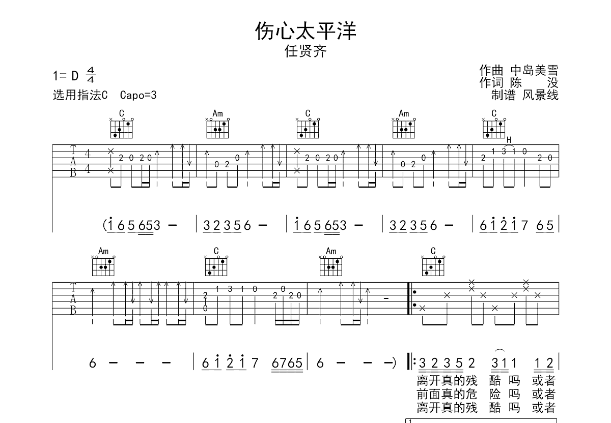 伤心太平洋吉他谱预览图