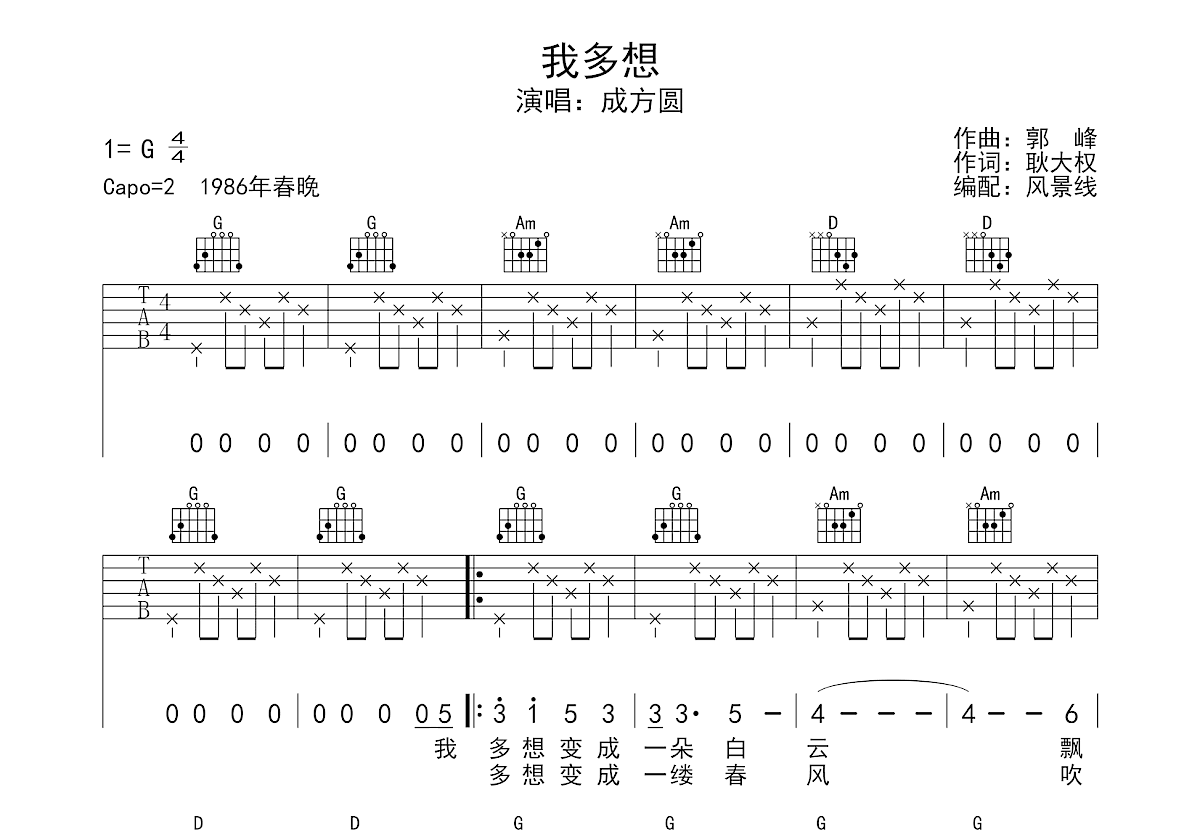 我多想吉他谱_成方圆_G调弹唱