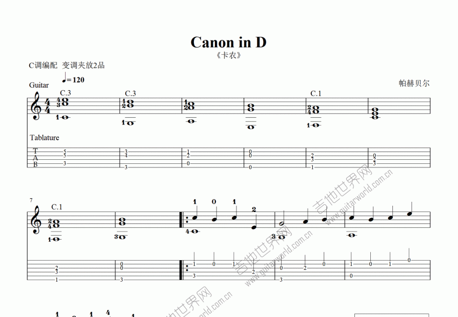 卡农吉他谱预览图