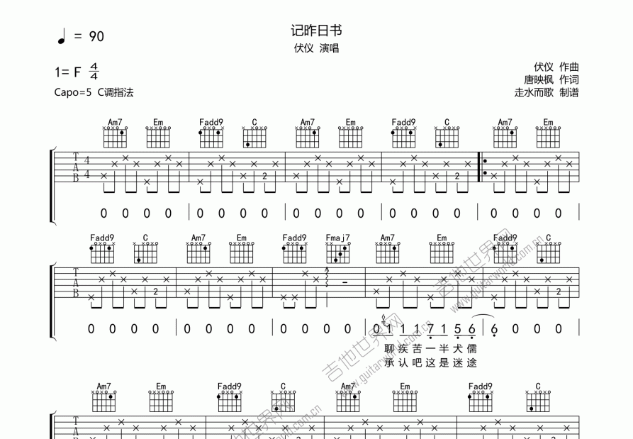 记昨日书吉他谱预览图