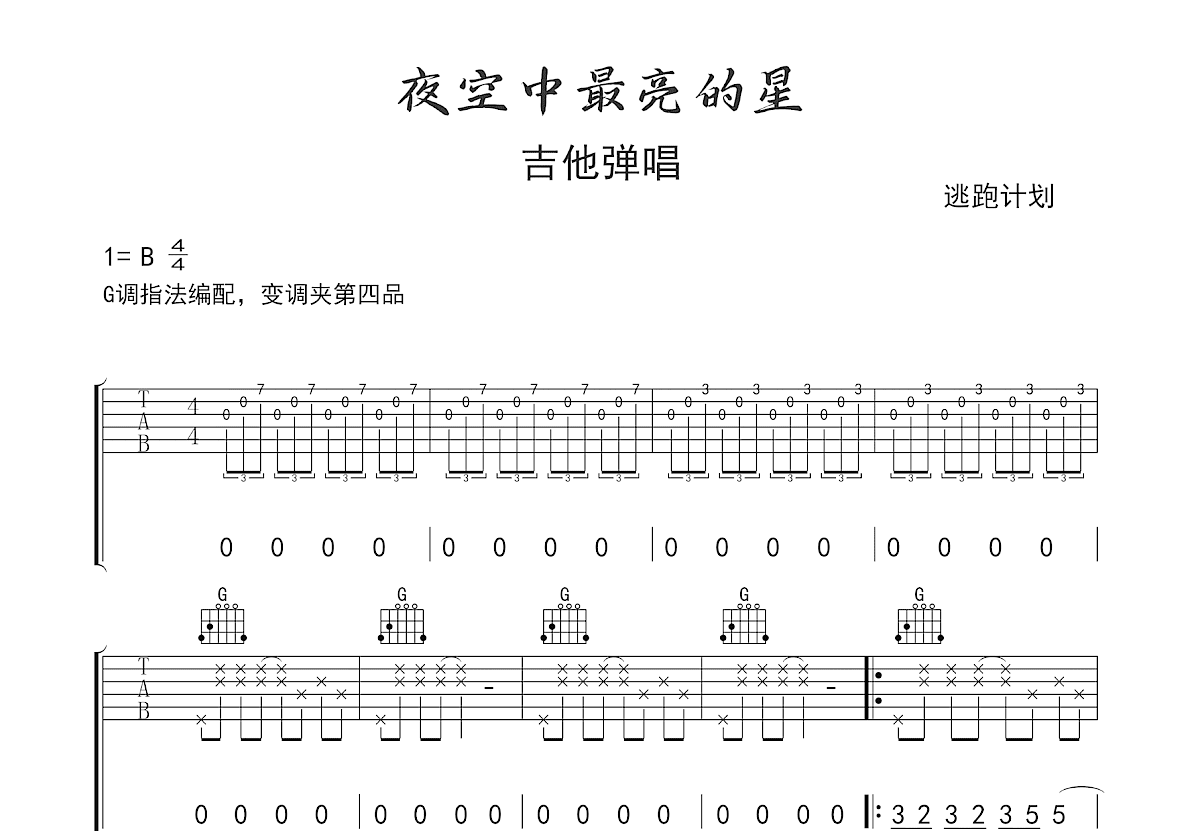 夜空中最亮的星吉他谱预览图