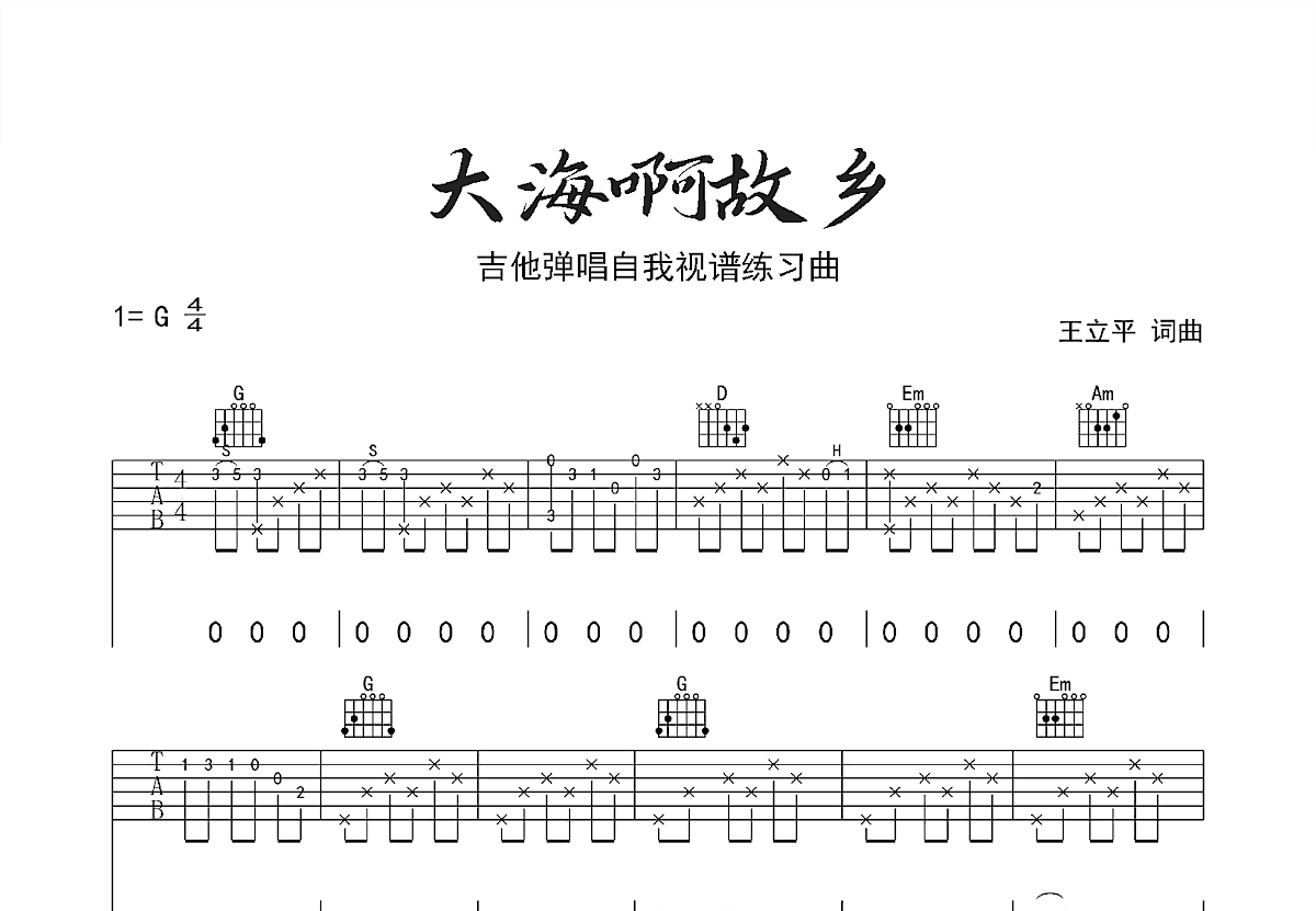 大海啊故乡吉他谱预览图