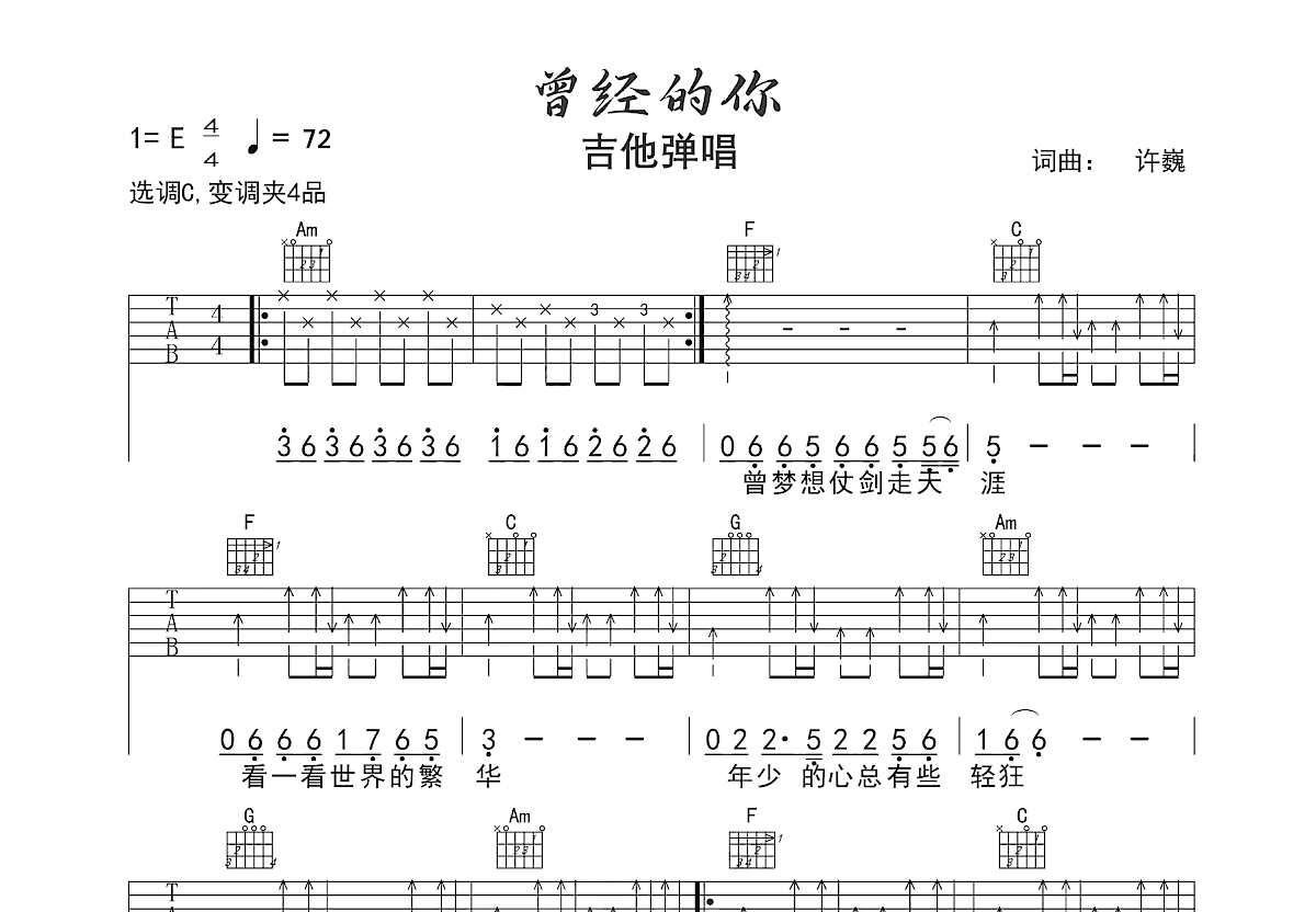曾经的你吉他谱_许巍_C调弹唱