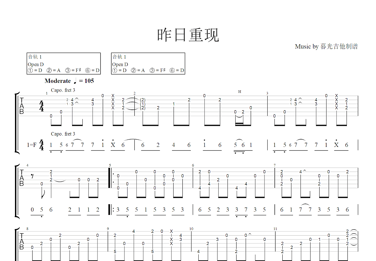 昨日重现吉他谱预览图