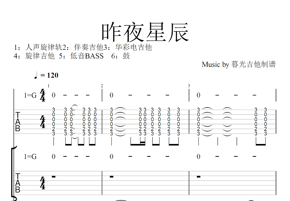 昨夜星辰吉他谱预览图