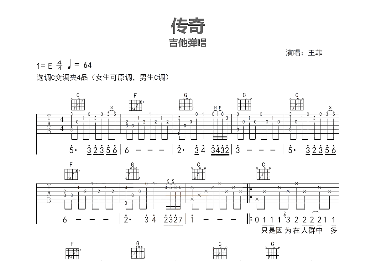 传奇吉他谱预览图